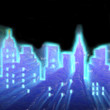 child's drawing of the city on a black background