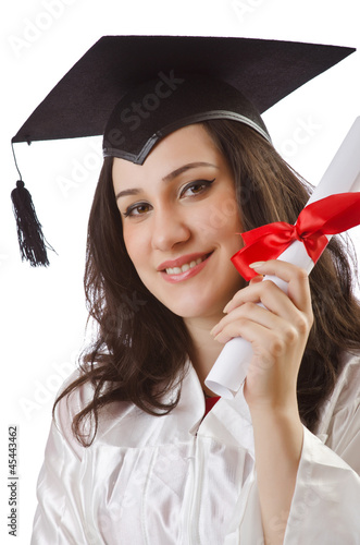 Photo: Graduate with diploma on white Graduate with diploma on white