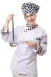 Woman cook with ladle on white