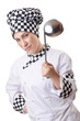 Woman cook with ladle on white