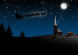 Weihnachtskarte, nachts, Weihnachtsmann, Rentierschlitten, Dorf