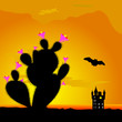 cactus and castle with bat illustration