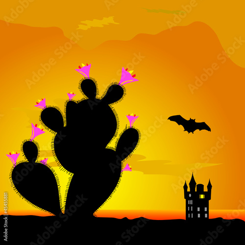 Vector: cactus and castle with bat illustration cactus and castle with bat illustration