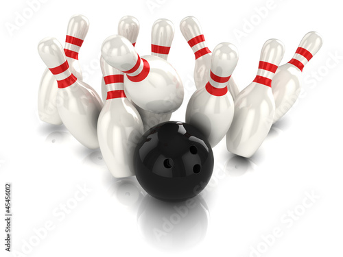 Illustration: 3d Bowling ball hits pins viewed from above 3d Bowling ball hits pins viewed from above
