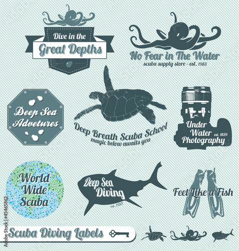 Vector: Vector Set: Retro Scuba Diving Labels and Badges Vector Set: Retro Scuba Diving Labels and Badges