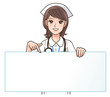 A Cute smiling nurse pointing to a blank board - copyspace