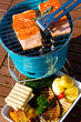 Grilled salmon and grilled vegetables, grilling in the garden.