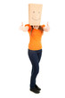 woman in smiling paper bag on head and thumbs up