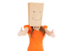 girl in smiling paper bag on head with thumbs up