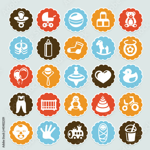 Vector: Set of vector stickers with kids and toys Set of vector stickers with kids and toys