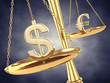 Illustration: Dollar and euro signs on a brass scale,3d illustration Dollar and euro signs on a brass scale,3d illustration