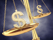 Dollar and paragraph sign on a brass scale