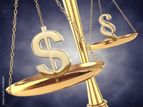 Illustration: Dollar and paragraph sign on a brass scale Dollar and paragraph sign on a brass scale