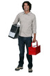 A toolbox in one hand, a computer in the other.