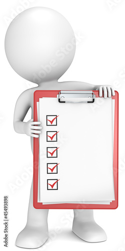 Illustration: Check list. 3D little human character holding a red clipboard. Check list. 3D little human character holding a red clipboard.