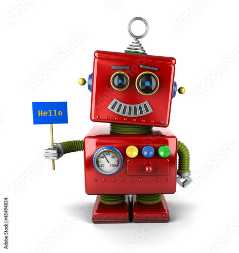 Illustration: Happy vintage robot with hello sign Happy vintage robot with hello sign