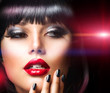Beautiful Brunette Girl Portrait.Face.Makeup. Sensual Red Lips