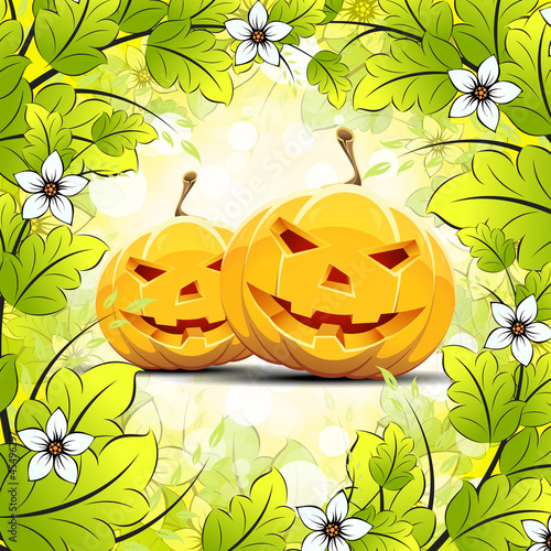 Vector: Halloween Pumpkins with Leaves Halloween Pumpkins with Leaves