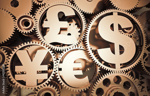 Illustration: Money mechanism with currency signs Money mechanism with currency signs
