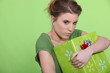 Greedy woman hugging her present all to herself
