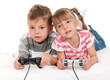 Happy girl and boy playing a video game
