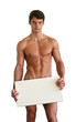 Naked Man Covering with a Blank Sign