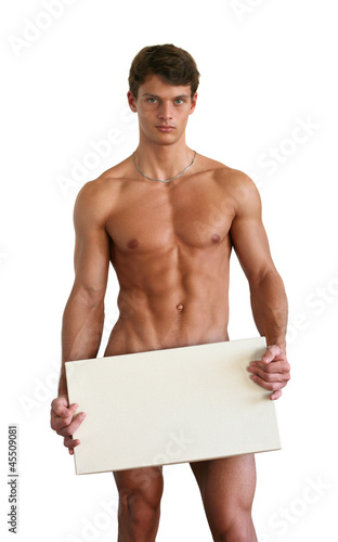 Photo: Naked Man Covering with a Blank Sign Naked Man Covering with a Blank Sign