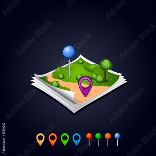 Vector: Vector map with GPS icons and sheets paper Vector map with GPS icons and sheets paper