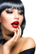 Beautiful Brunette Girl Portrait over White. Sensual Red Lips
