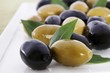 Green and Black Olives with Leaves