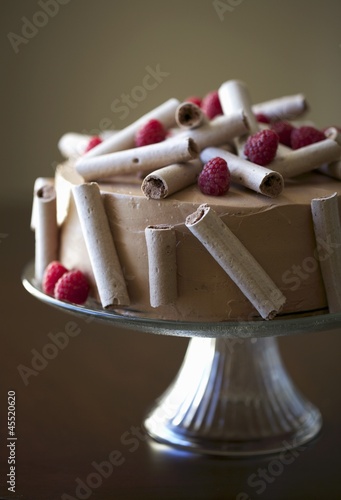 Photo: Chocolate Cake with Meringue Flutes and Raspberries Chocolate Cake with Meringue Flutes and Raspberries