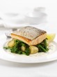 Salmon trout fillet on broccoli and potatoes
