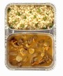 Strips of beef in wine sauce with mushrooms and rice