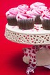 Chocolate cupcakes with pink icing on cake stand