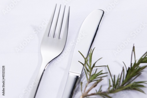 Photo: Knife and fork beside rosemary sprig Knife and fork beside rosemary sprig