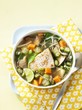 Vegetable soup with mushrooms and grilled fish