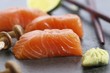 Salmon sashimi, wasabi and mushrooms
