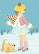 Little girl skating and playing with her dog