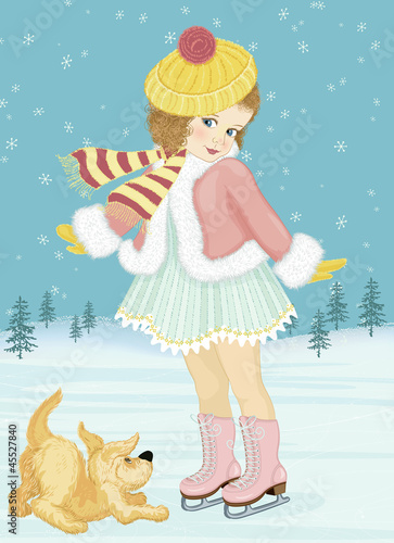 Vector: Little girl skating and playing with her dog Little girl skating and playing with her dog