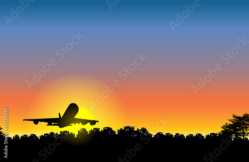 Vector: Airplane Sunset on City Airplane Sunset on City