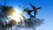 3d animation, airplane fly through cloud.