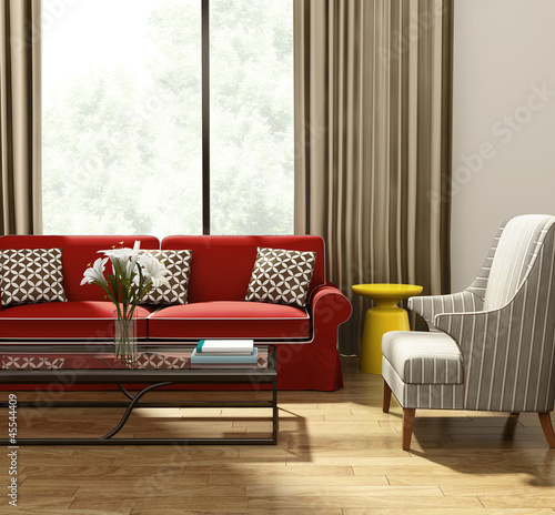 Illustration: Elegant luxury living room, red sofa modern village style Elegant luxury living room, red sofa modern village style