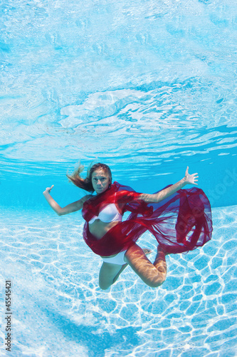 Photo: Underwater woman fashion portrait with red veil in swimming pool Underwater woman fashion portrait with red veil in swimming pool