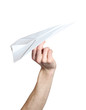 Man's hand launching white paper airplane isolated on white back