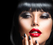 Beautiful Brunette Girl Portrait.Face.Makeup. Sensual Red Lips
