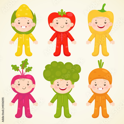 Vector: Cute kids in costumes vegetable Cute kids in costumes vegetable