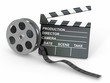 Movie industry. Clapperboard and film reel.