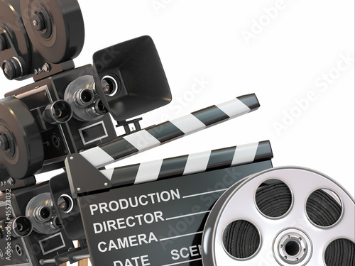 Illustration: Movie composition. Vintage camera, reel and clapperboard. Movie composition. Vintage camera, reel and clapperboard.