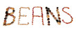 The word Beans is lined by different types of beans isolated