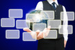 Photo: Business man and the digital globe with virtual button Business man and the digital globe with virtual button